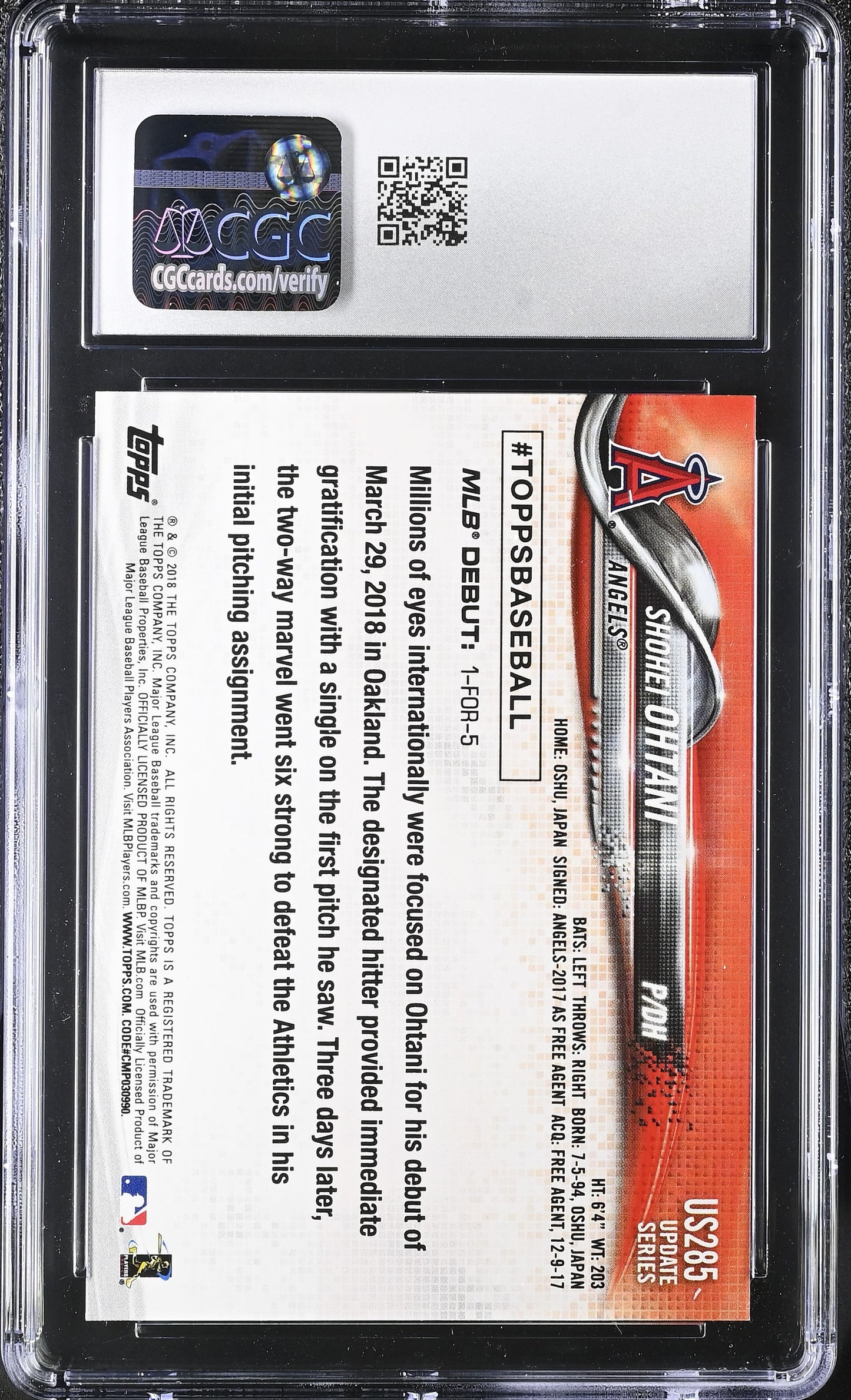2018 Topps Update #US285 Shohei Ohtani Rookie RC CGC 10