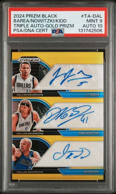 2024 Prizm Black #TA-DAL Dirk Nowitzki,Jason Kidd,JJ Barea Gold Triple Auto /10 PSA 9