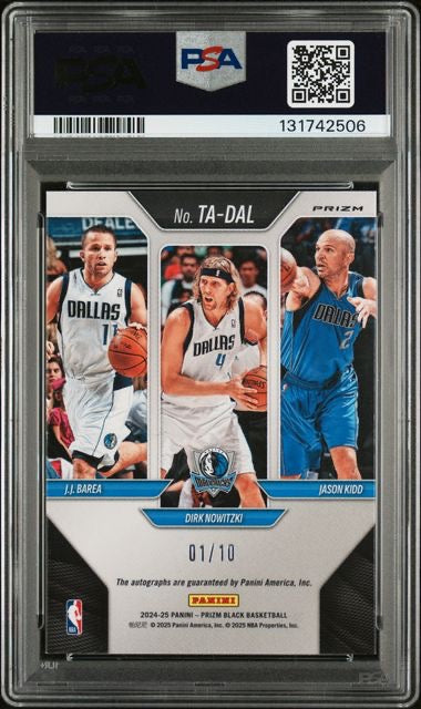 2024 Prizm Black #TA-DAL Dirk Nowitzki,Jason Kidd,JJ Barea Gold Triple Auto /10 PSA 9