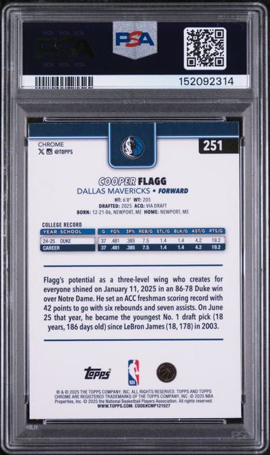 2025 Topps Chrome #251 Cooper Flagg Rookie RC PSA 9
