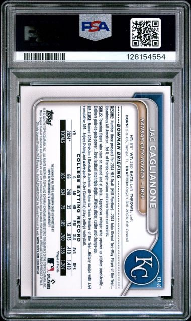 2024 Bowman Draft #CPA-JC Jac Caglianone Chrome Prospect Autograph PSA 8