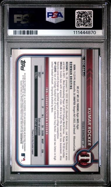 2022 Bowman Draft Sapphire #BDC164 Kumar Rocker 1st Bowman PSA 10