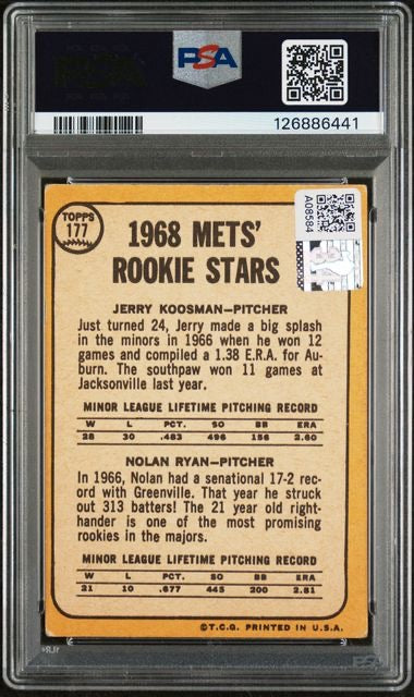 1968 Topps #177 Nolan Ryan,Jerry Koosman Signed Rookie RC PSA 3 Autograph 10