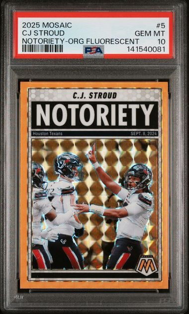 2025 Mosaic #5 Cj Stroud Orange Fluorescent Notoriety PSA 10