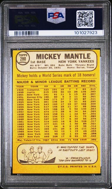 1968 Topps #280 Mickey Mantle PSA 4
