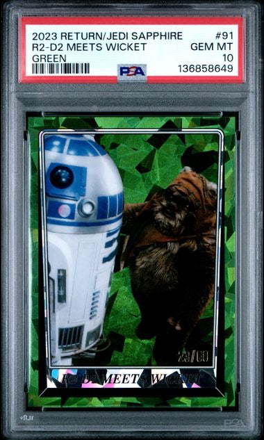 2023 Return of The Jedi Sapphire #91 R2-DR Meets Wicket Green /60 PSA 10