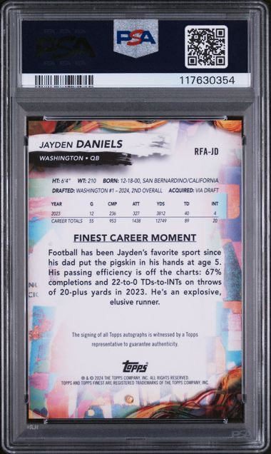2024 Topps Finest #RFAJD Jayden Daniels Rookie Finest Autograph PSA 10 Auto 10