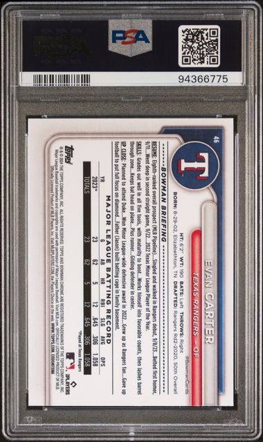 2024 Bowman Mega Box #46 Evan Carter Chrome Rookie RC PSA 10