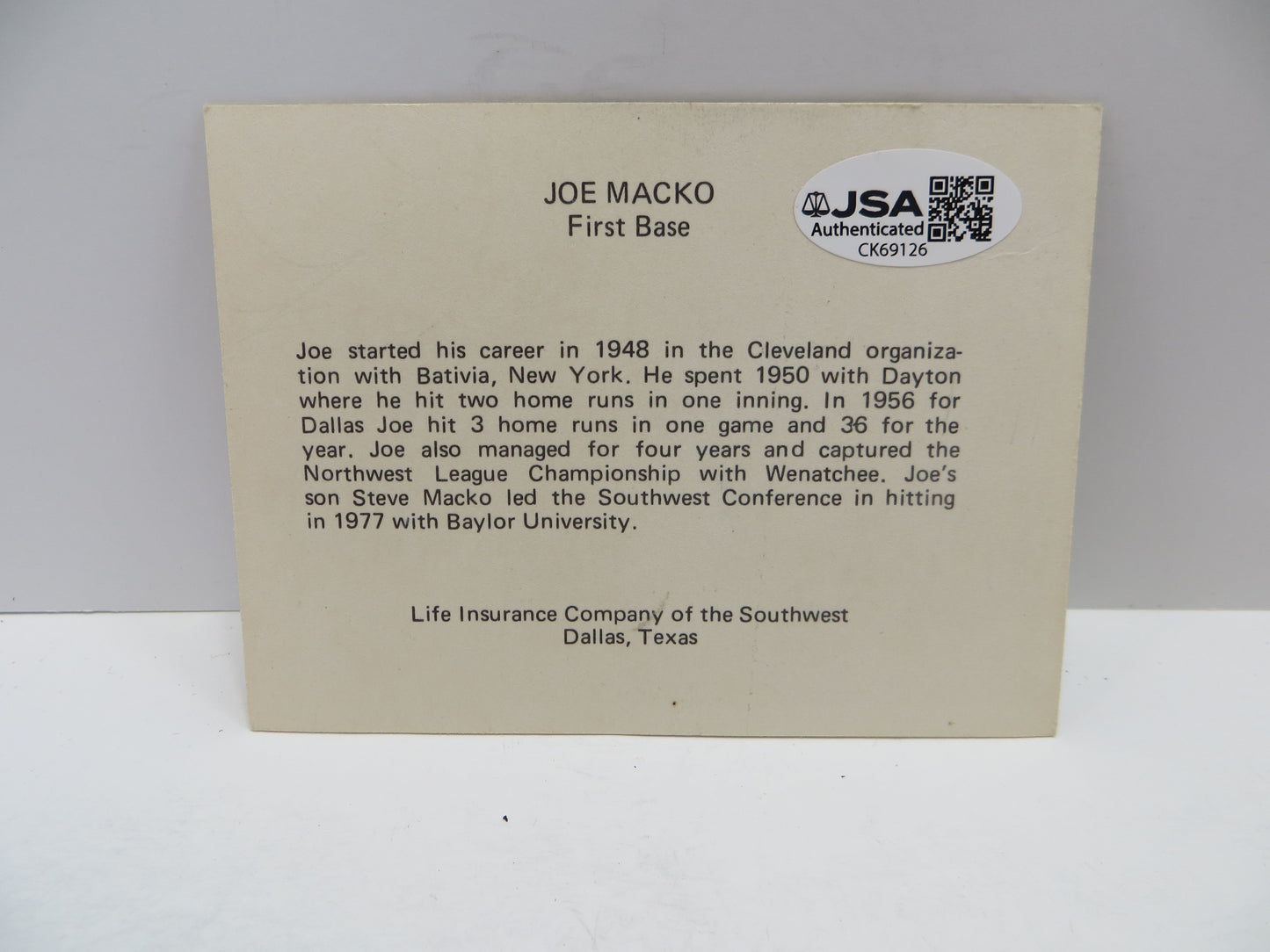 JOE MACKO SIGNED b&W CARD JSA (1)