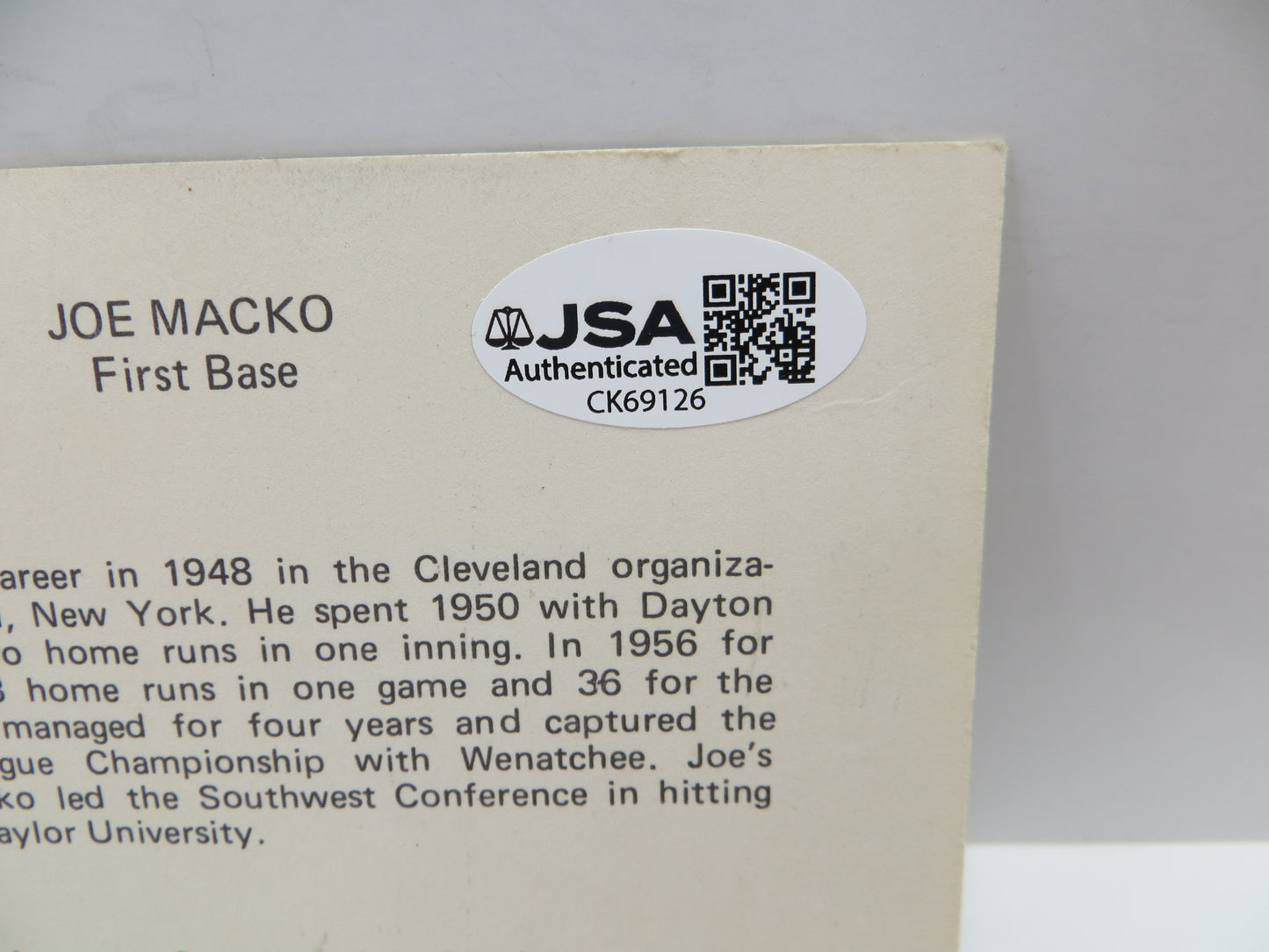 JOE MACKO SIGNED b&W CARD JSA (1)