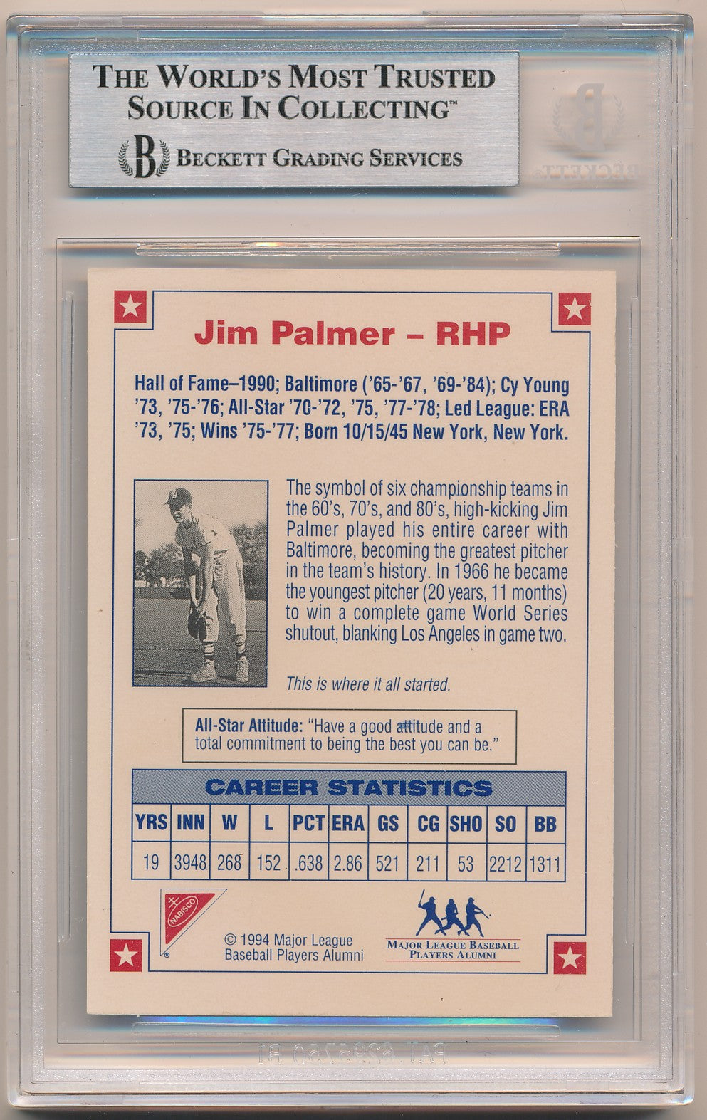1994 NABISCO ALL-STAR AUTOGRAPHS #2 JIM PALMER AUTHENTIC BGS AUTO