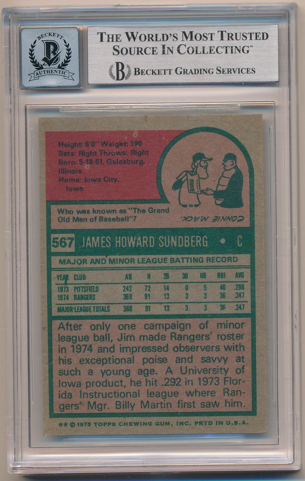1975 TOPPS #567 JIM SUNDBERG AUTHENTIC BGS AUTO 10