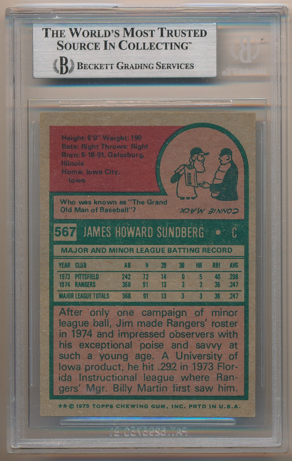 1975 TOPPS #567 JIM SUNDBERG AUTHENTIC BGS AUTO