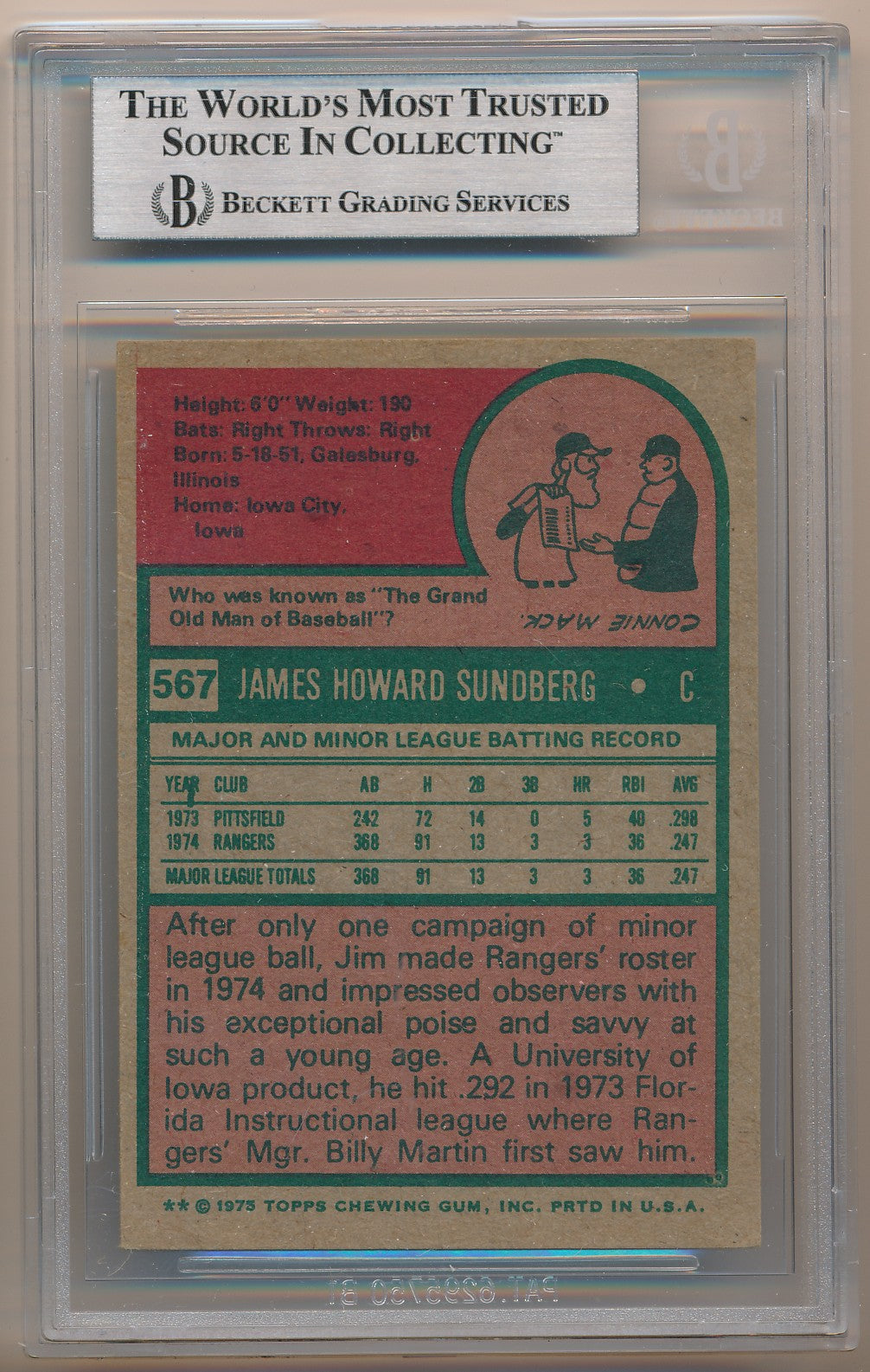 1975 TOPPS #567 JIM SUNDBERG AUTHENTIC BGS AUTO