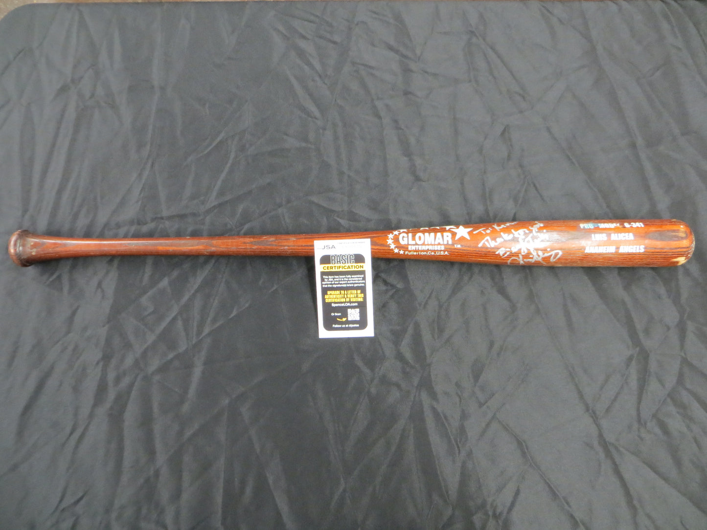 LUIS ALICEA ANAHEIM ANGELS SIGNED GAME USED GLOMAR BASEBALL BAT JSA COA