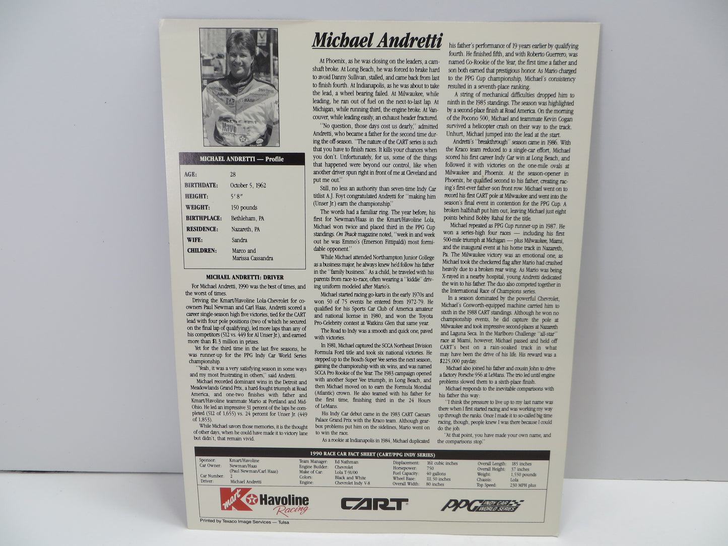 MICHAEL ANDRETTI SIGNED NASCAR 8x10 JSA
