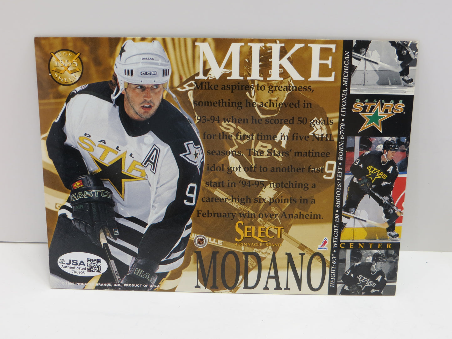 MIKE MODANO SIGNED PINNACLE 3D CARD JSA