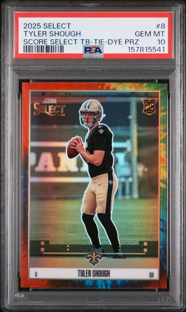 2025 Panini Select Tyler Shough Score Select Tie-Dye Prizm /25 #8 PSA 10