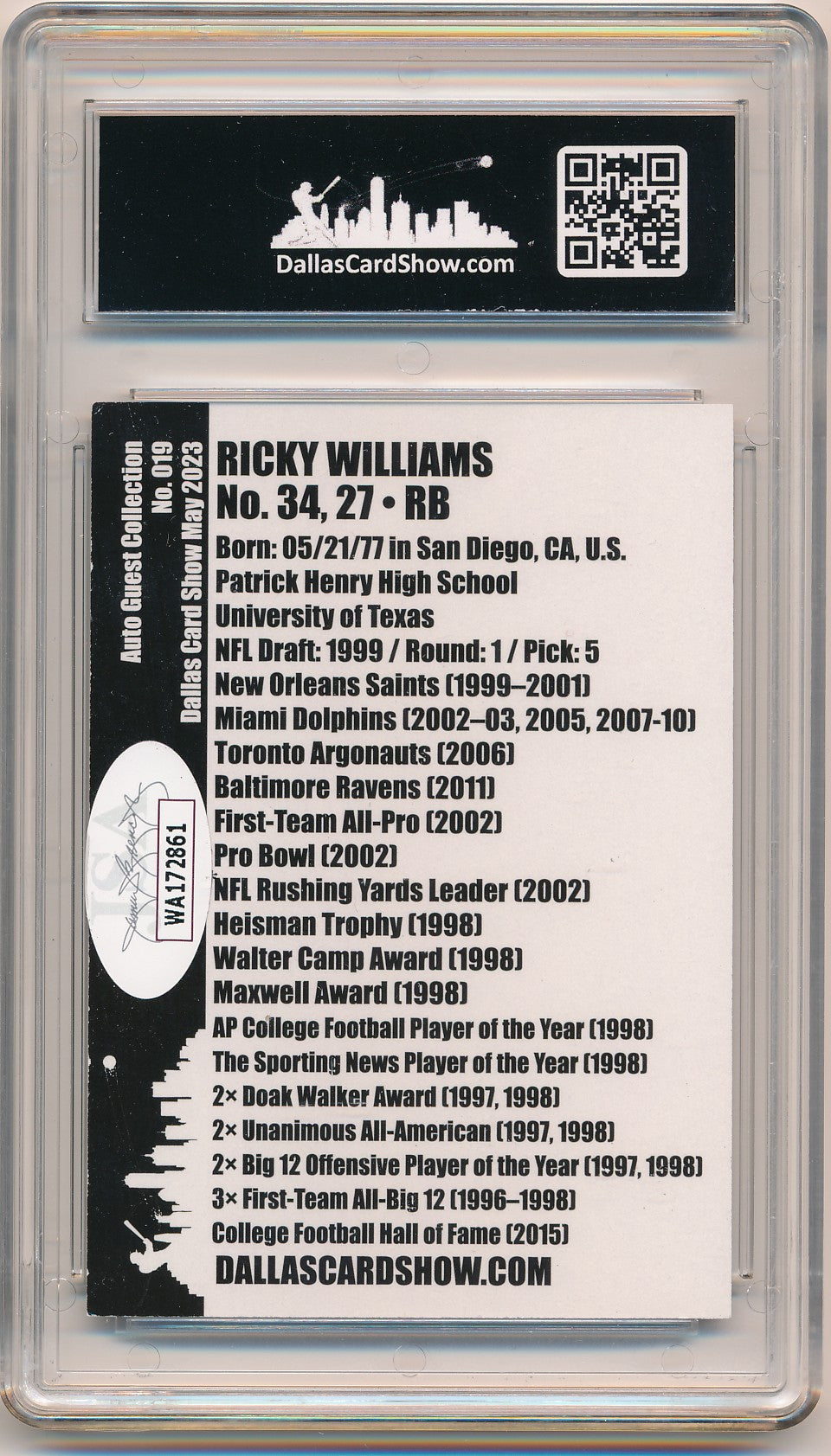 DALLAS CARD SHOW DCS SELECT RICKY WILLIAMS AUTHENTIC AUTO JSA
