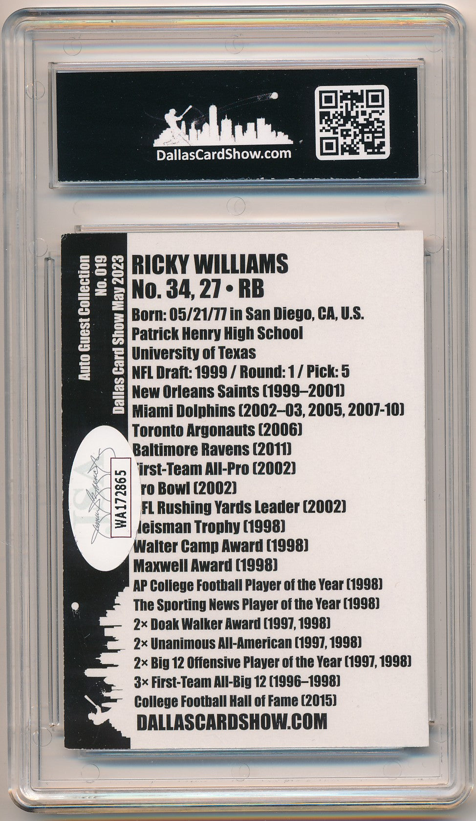 DALLAS CARD SHOW DCS SELECT RICKY WILLIAMS AUTHENTIC AUTO JSA