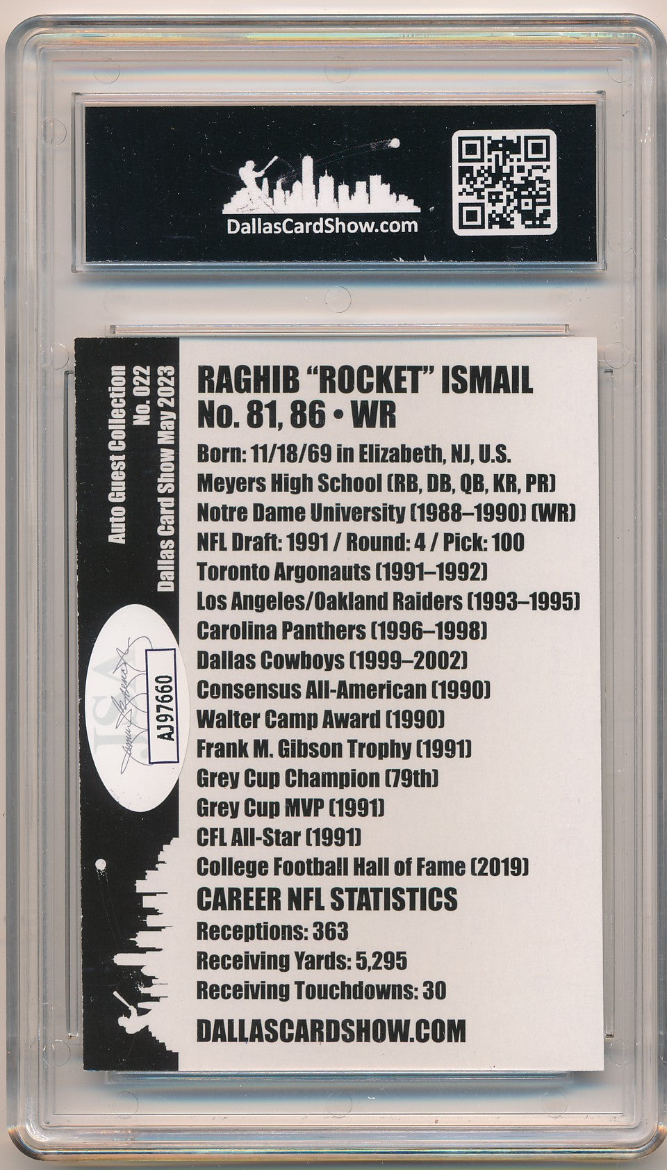DALLAS CARD SHOW DCS SELECT ROCKET ISMAIL AUTHENTIC AUTO JSA