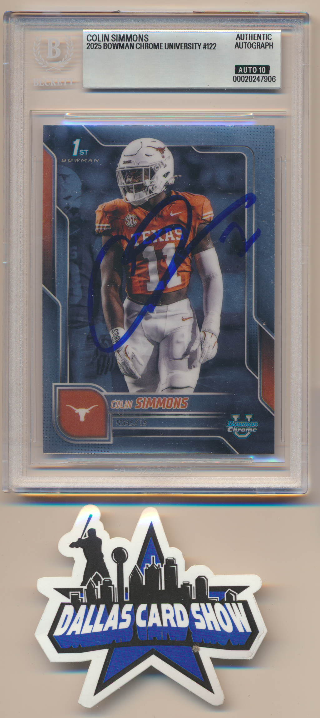 COLIN SIMMONS TEXAS LONGHORNS SIGNED 2025 Bowman Chrome University #122 BGS BAS SLAB AUTO 10