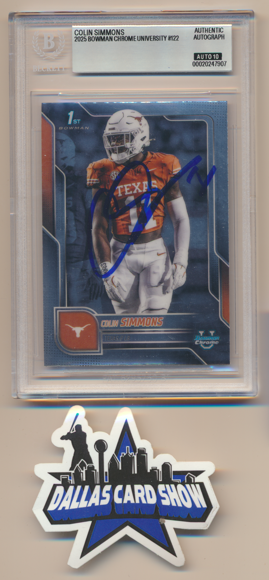 COLIN SIMMONS TEXAS LONGHORNS SIGNED 2025 Bowman Chrome University #122 BGS BAS SLAB AUTO 10
