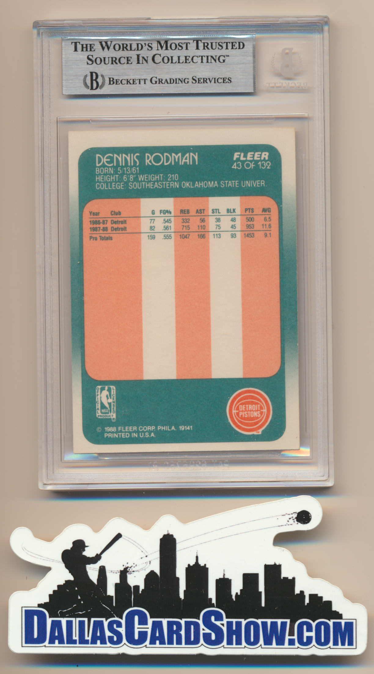 DENNIS RODMAN SIGNED 1988-89 FLEER #43 DETROIT PISTONS BGS BAS SLAB