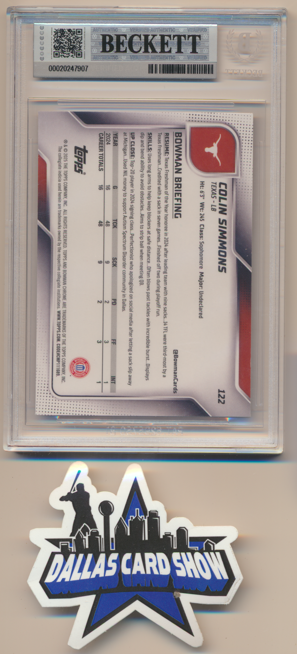 COLIN SIMMONS TEXAS LONGHORNS SIGNED 2025 Bowman Chrome University #122 BGS BAS SLAB AUTO 10