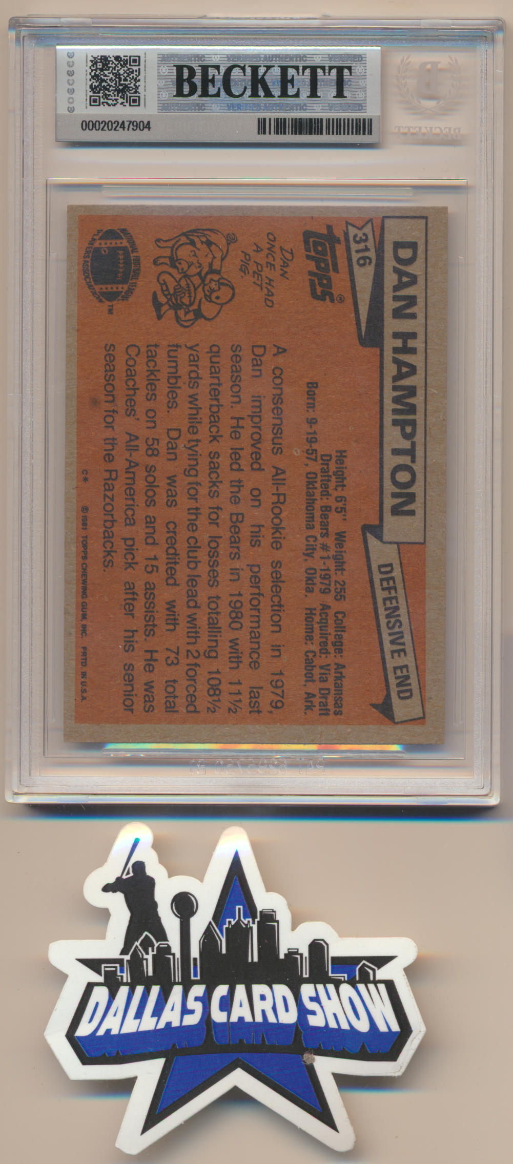 DAN HAMPTON CHICAGO BEARS SIGNED 1981 Topps #316 w/HOF 02 BGS BAS SLAB AUTO 10