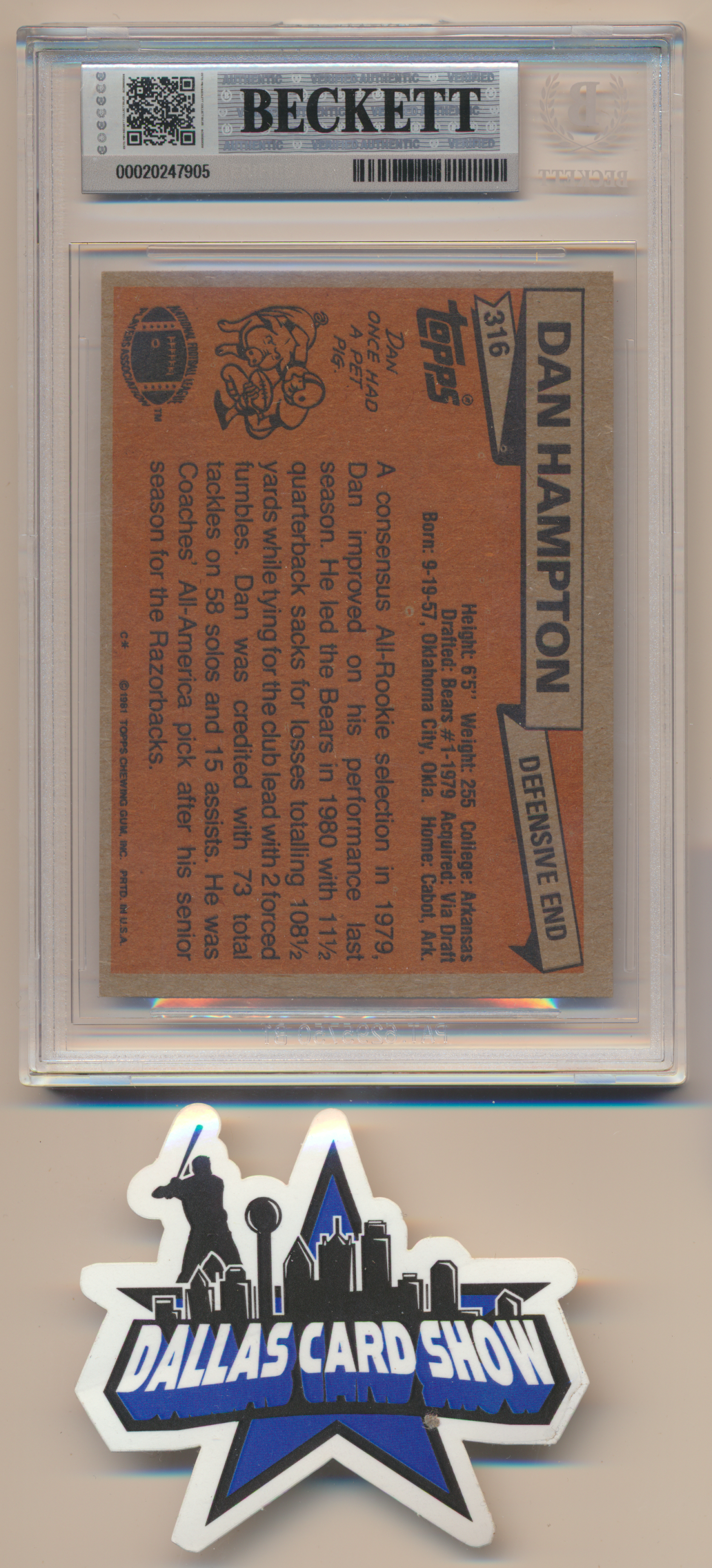 DAN HAMPTON CHICAGO BEARS SIGNED 1981 Topps #316 w/HOF 02 BGS BAS SLAB AUTO 10