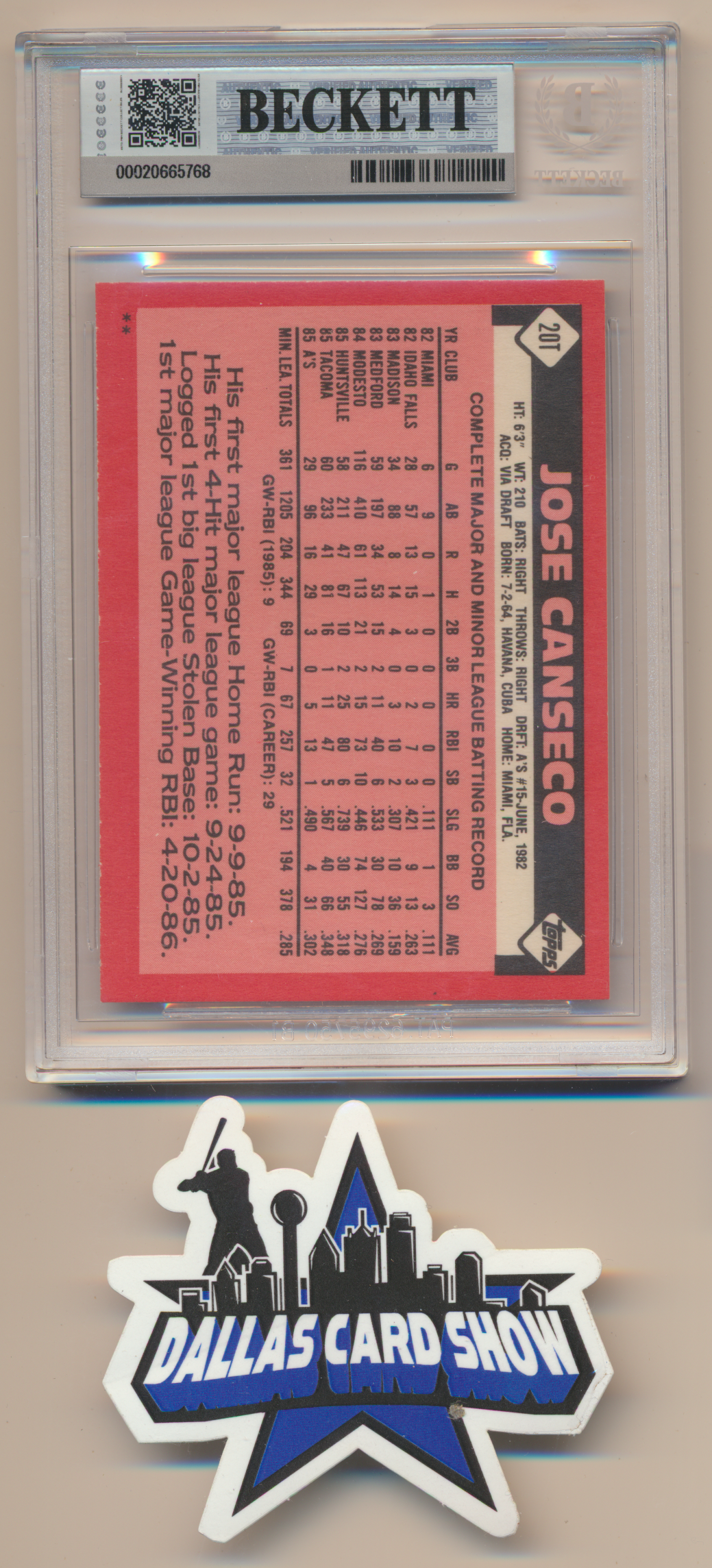 JOSE CANSECO OAKLAND A's SIGNED 1986 Topps Traded #20T BGS BAS SLAB AUTO 10