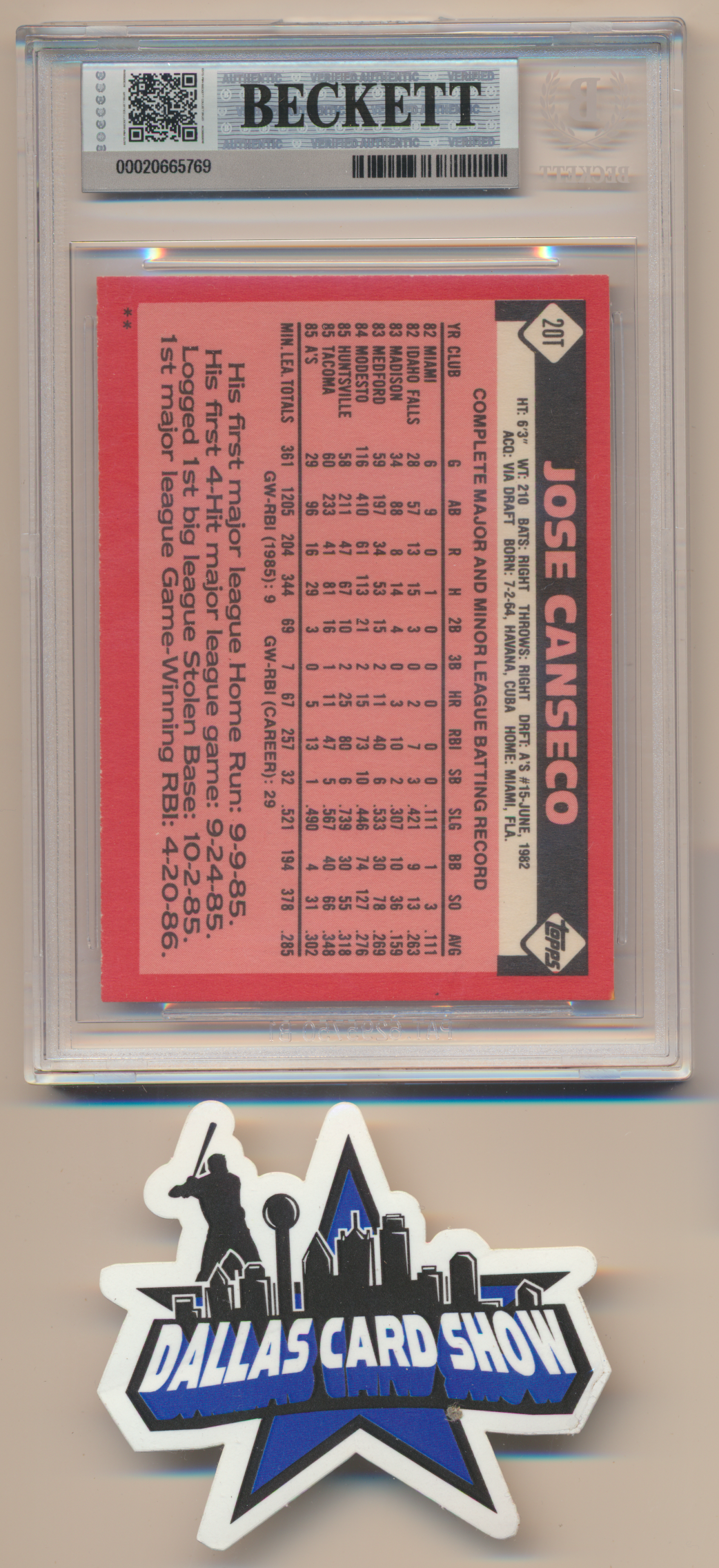 JOSE CANSECO OAKLAND A's SIGNED 1986 Topps Traded #20T BGS BAS SLAB AUTO 10