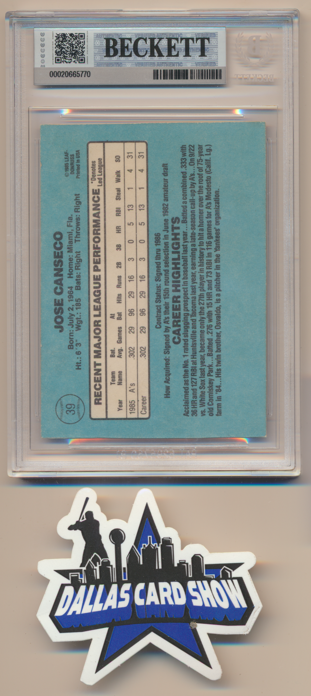 JOSE CANSECO OAKLAND A's SIGNED 1986 Donruss #39 BGS BAS SLAB AUTO 10