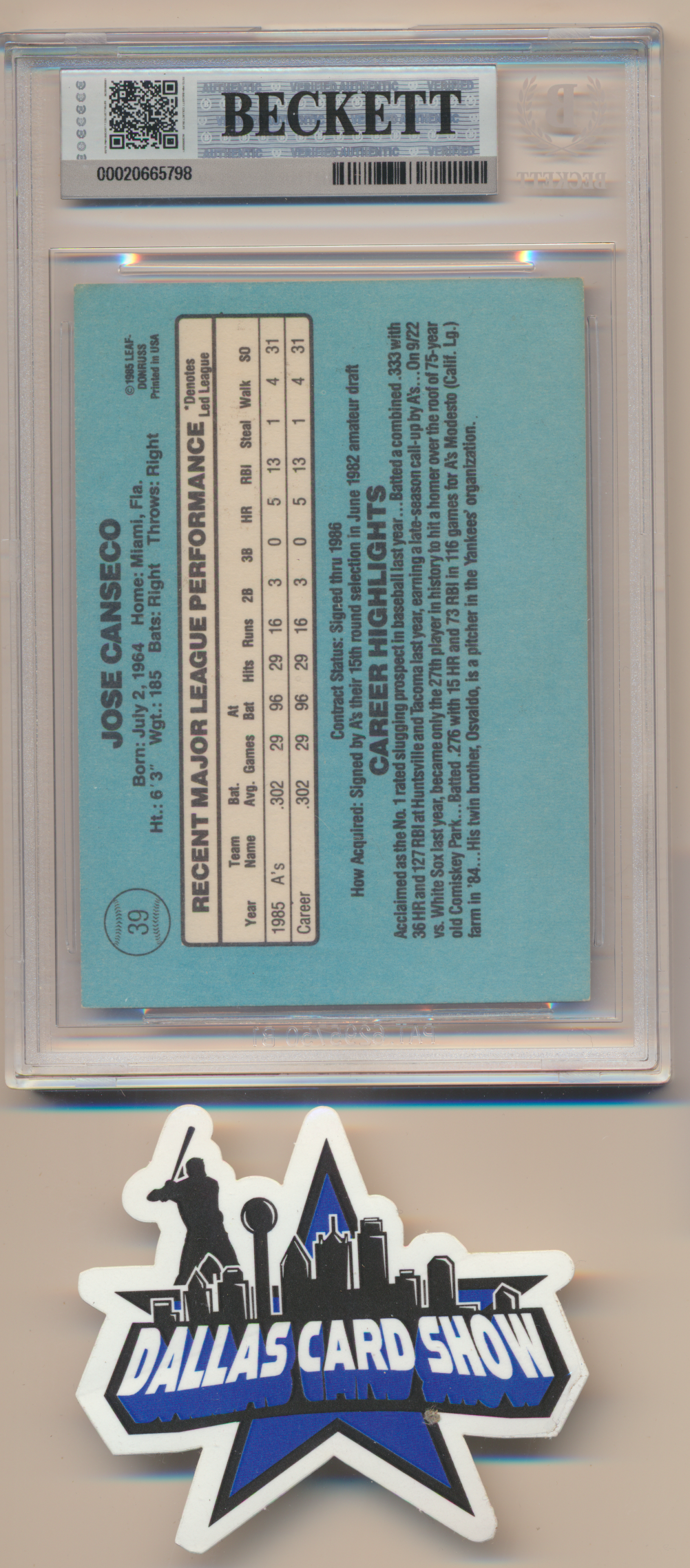 JOSE CANSECO OAKLAND A's SIGNED 1986 Donruss #39 BGS BAS SLAB AUTO 10