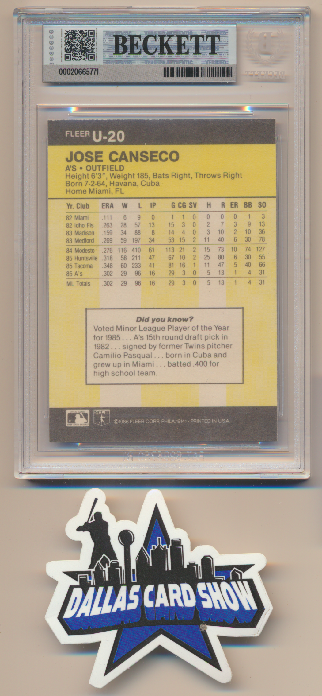 JOSE CANSECO OAKLAND A's SIGNED 1986 Fleer Update #U20 BGS BAS SLAB AUTO 10