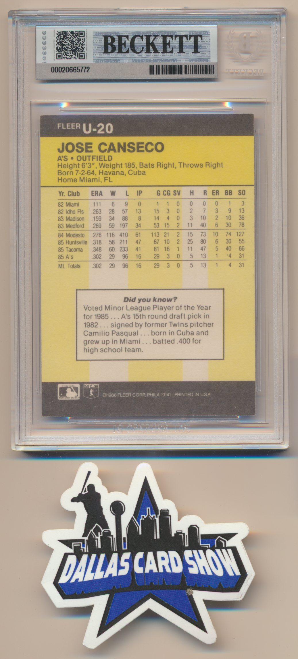 JOSE CANSECO OAKLAND A's SIGNED 1986 Fleer Update #U20 BGS BAS SLAB AUTO 10 (Copy)