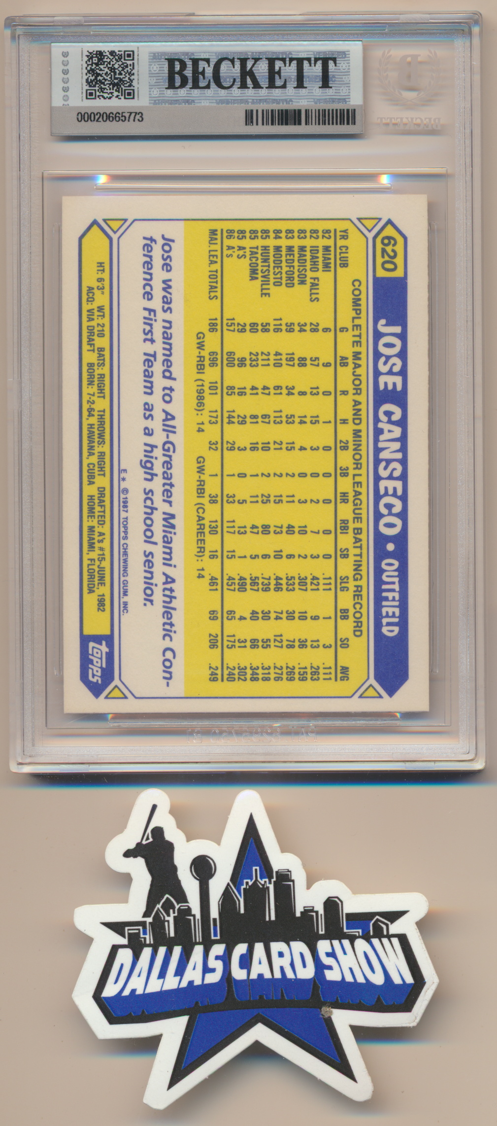 JOSE CANSECO OAKLAND A's SIGNED 1987 Topps TIFFANY #620 BGS BAS SLAB AUTO 10