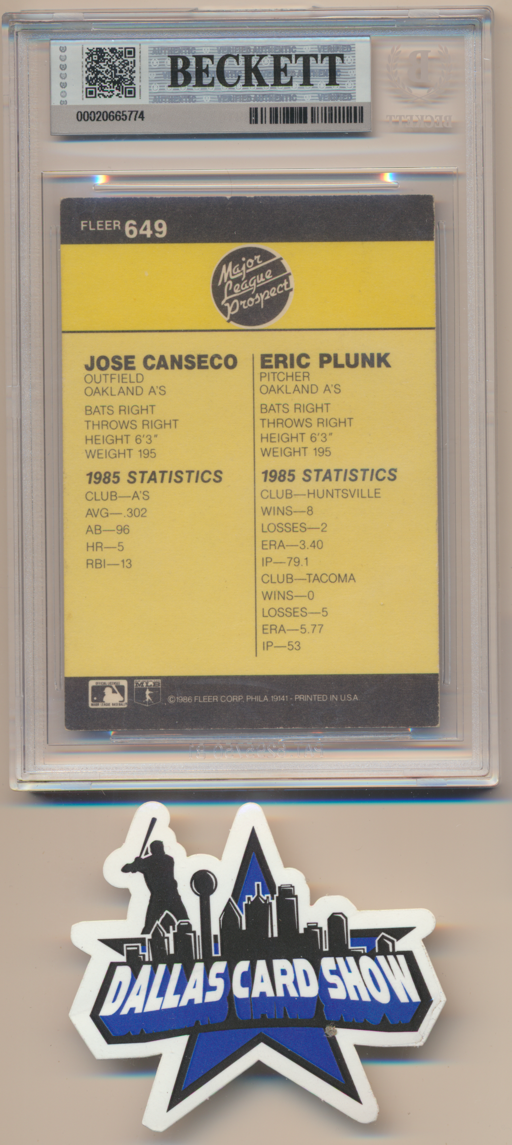 JOSE CANSECO OAKLAND A's SIGNED 1986 Fleer #649 BGS BAS SLAB AUTO 10