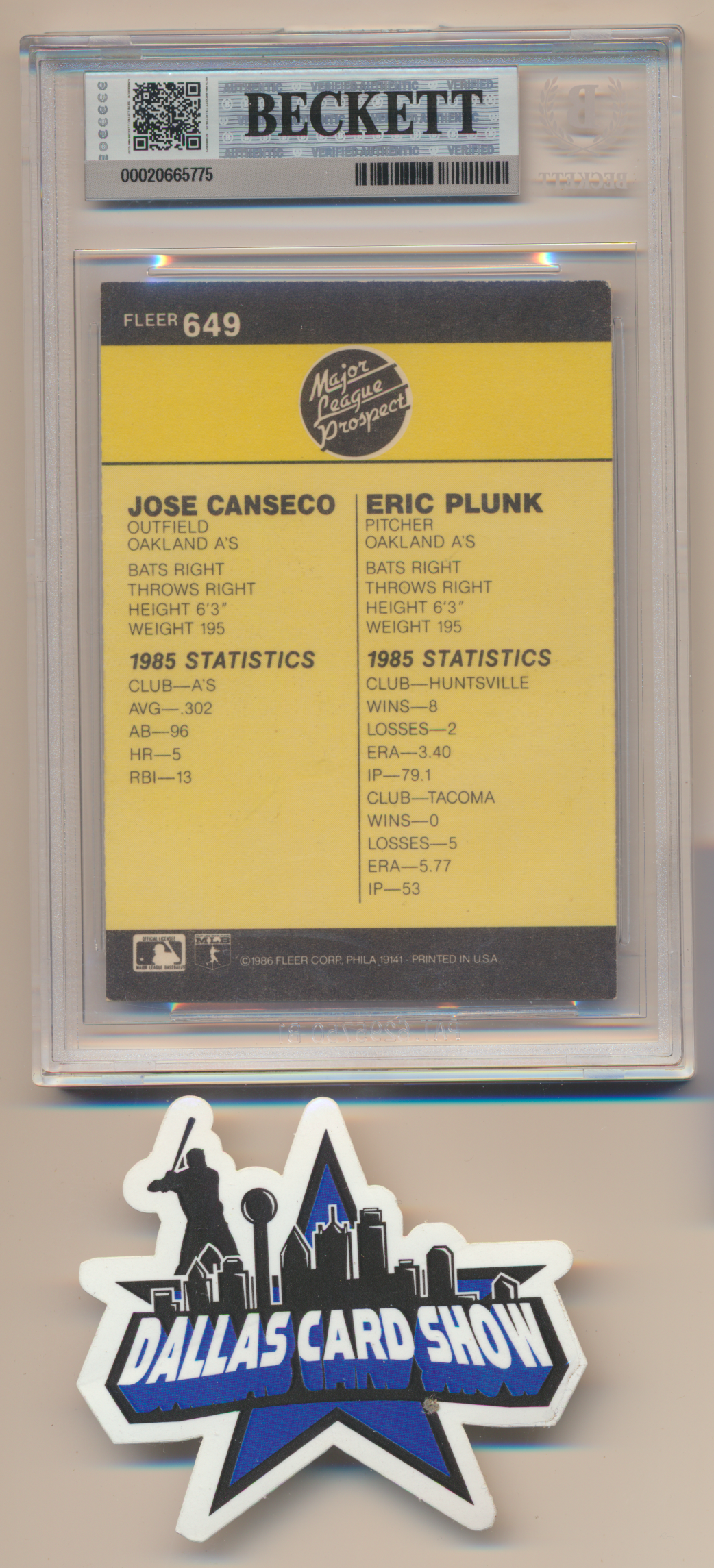 JOSE CANSECO OAKLAND A's SIGNED 1986 Fleer #649 BGS BAS SLAB AUTO 10
