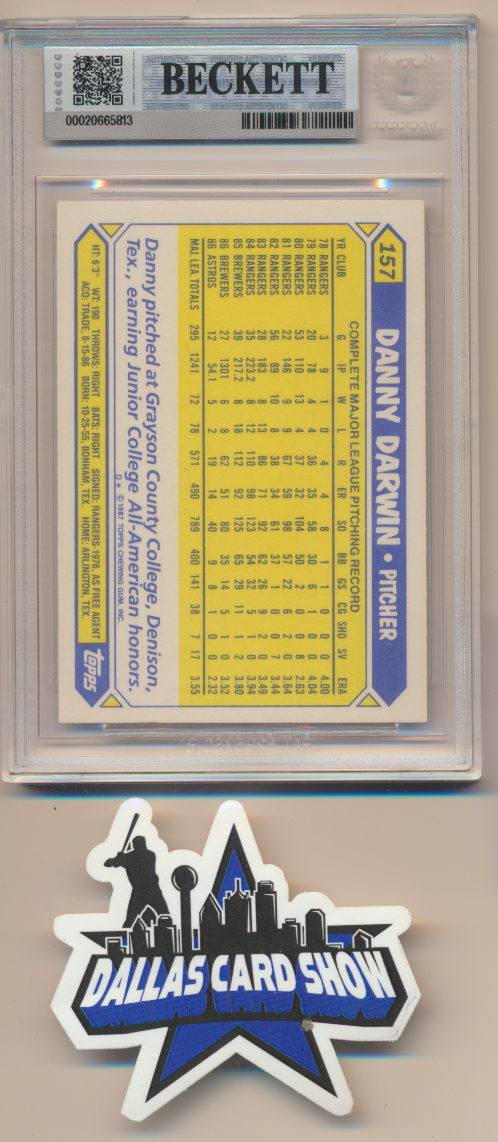DANNY DARWIN HOUSTON ASTROS SIGNED 1987 Topps Tiffany #157 BGS BAS SLAB