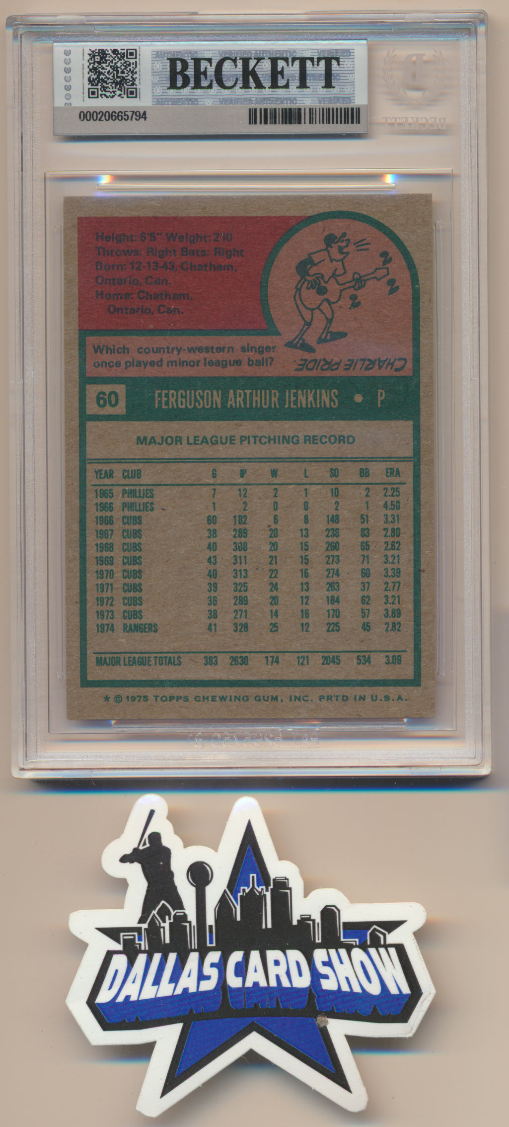 FERGIE JENKINS TEXAS RANGERS SIGNED 1975 Topps #60 BGS BAS SLAB AUTO 10