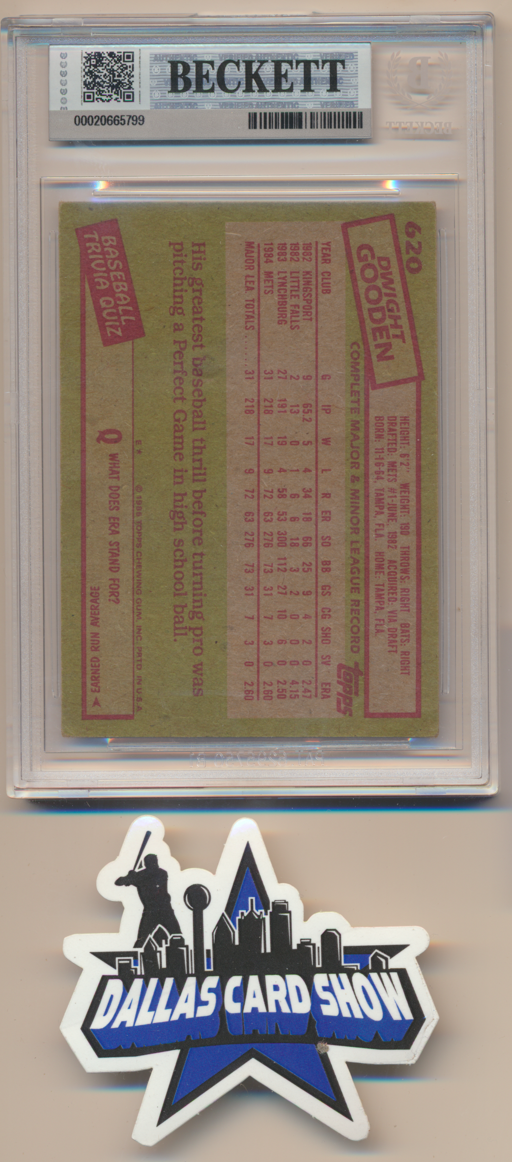 DWIGHT DOC GOODEN NY METS SIGNED 1985 Topps #620 BGS BAS SLAB AUTO 10