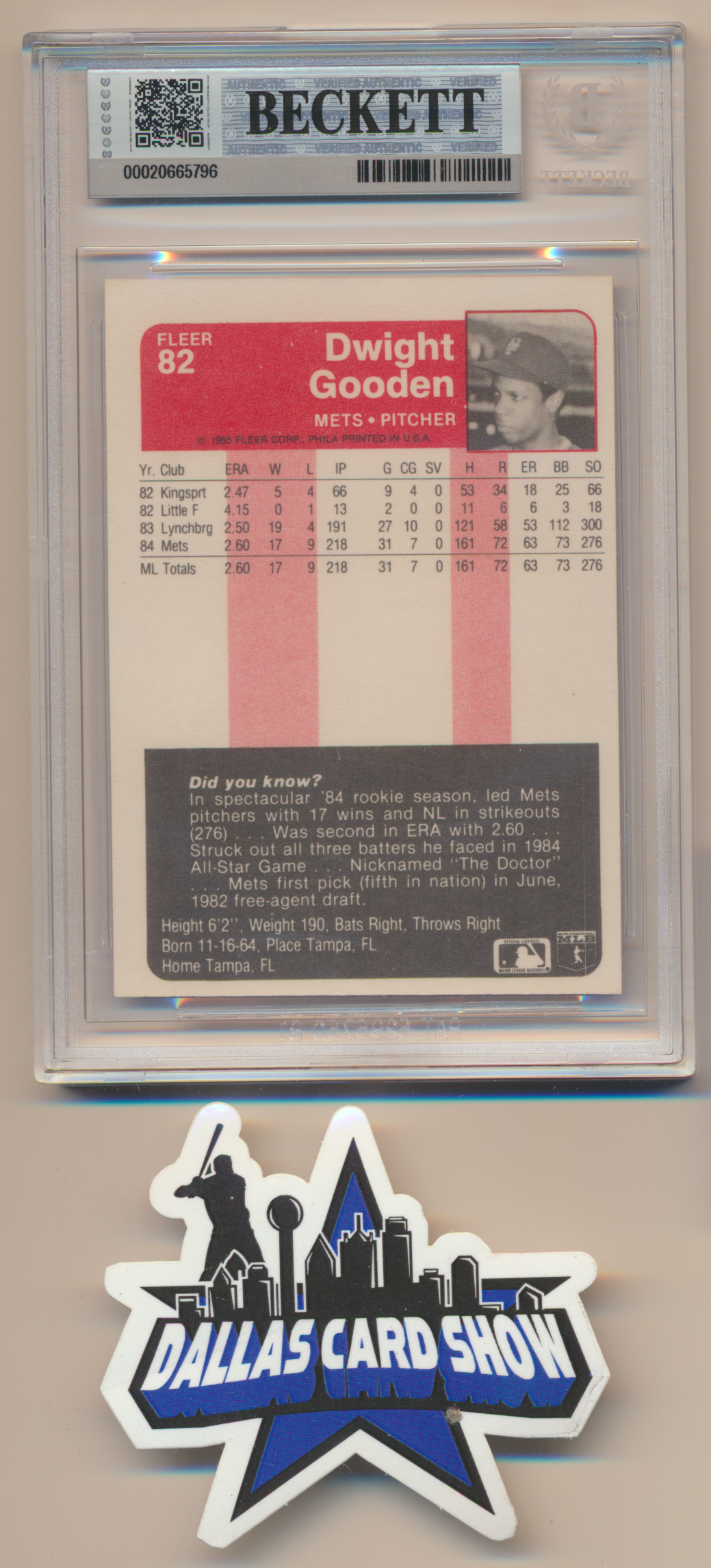 DWIGHT DOC GOODEN NY METS SIGNED 1985 Fleer #82 BGS BAS SLAB AUTO 10