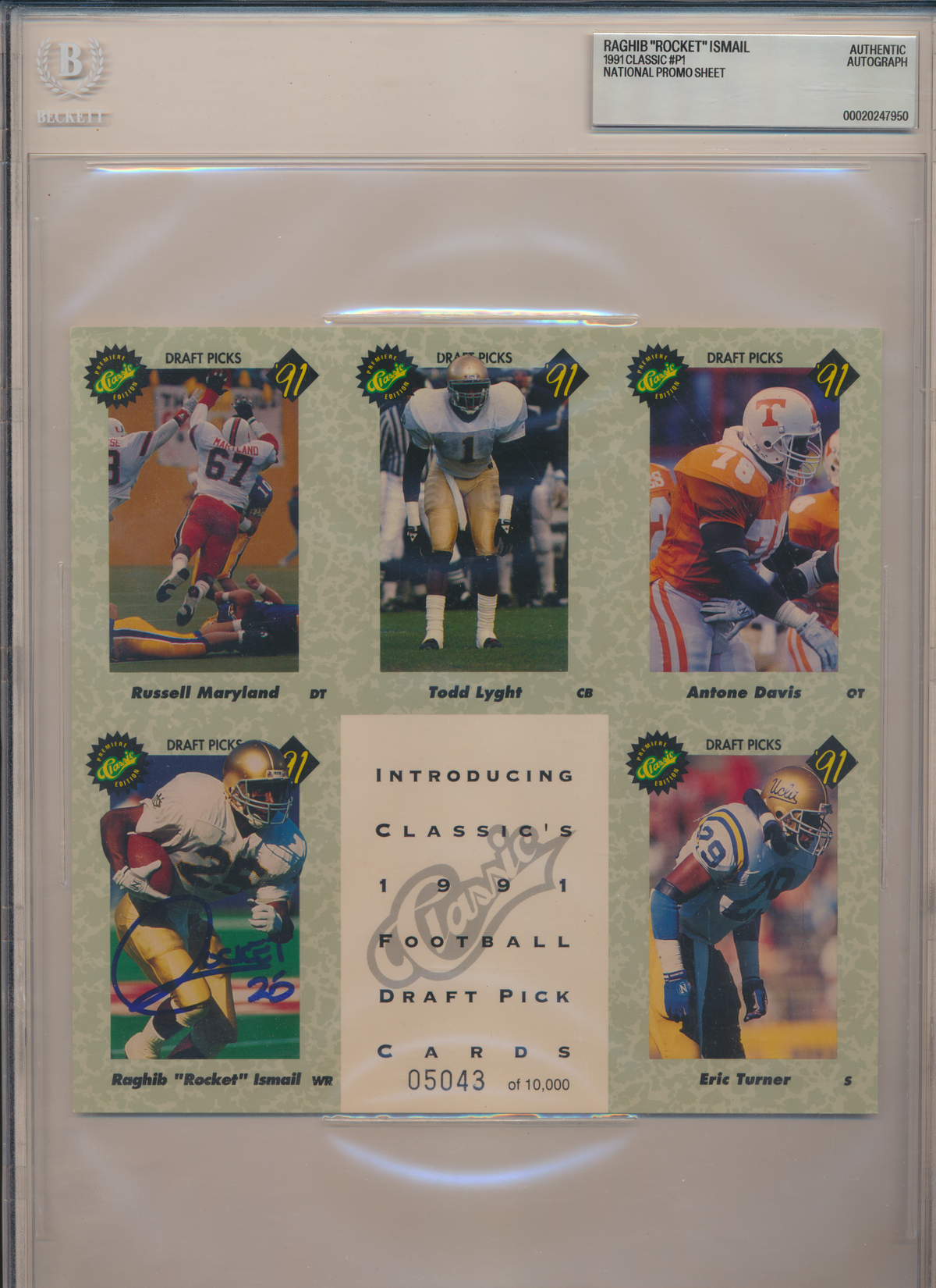 ROCKET ISMAIL ND Irish SIGNED 1991 Classic #P1 NATIONAL SHEET BGS BAS SLAB