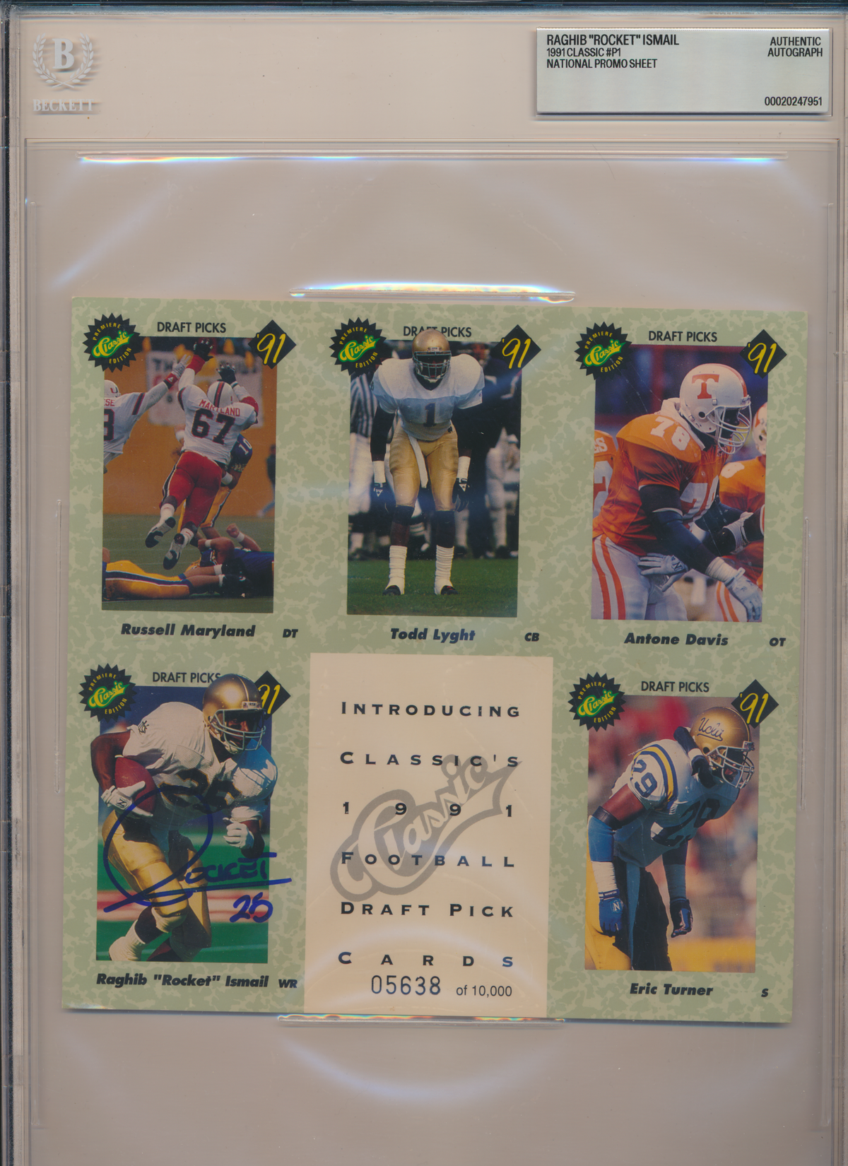 ROCKET ISMAIL ND Irish SIGNED 1991 Classic #P1 NATIONAL SHEET BGS BAS SLAB