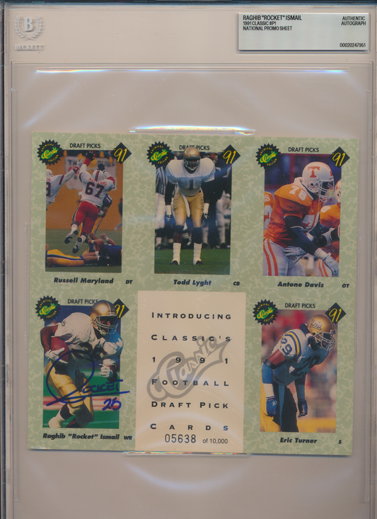 ROCKET ISMAIL ND Irish SIGNED 1991 Classic #P1 NATIONAL SHEET BGS BAS SLAB