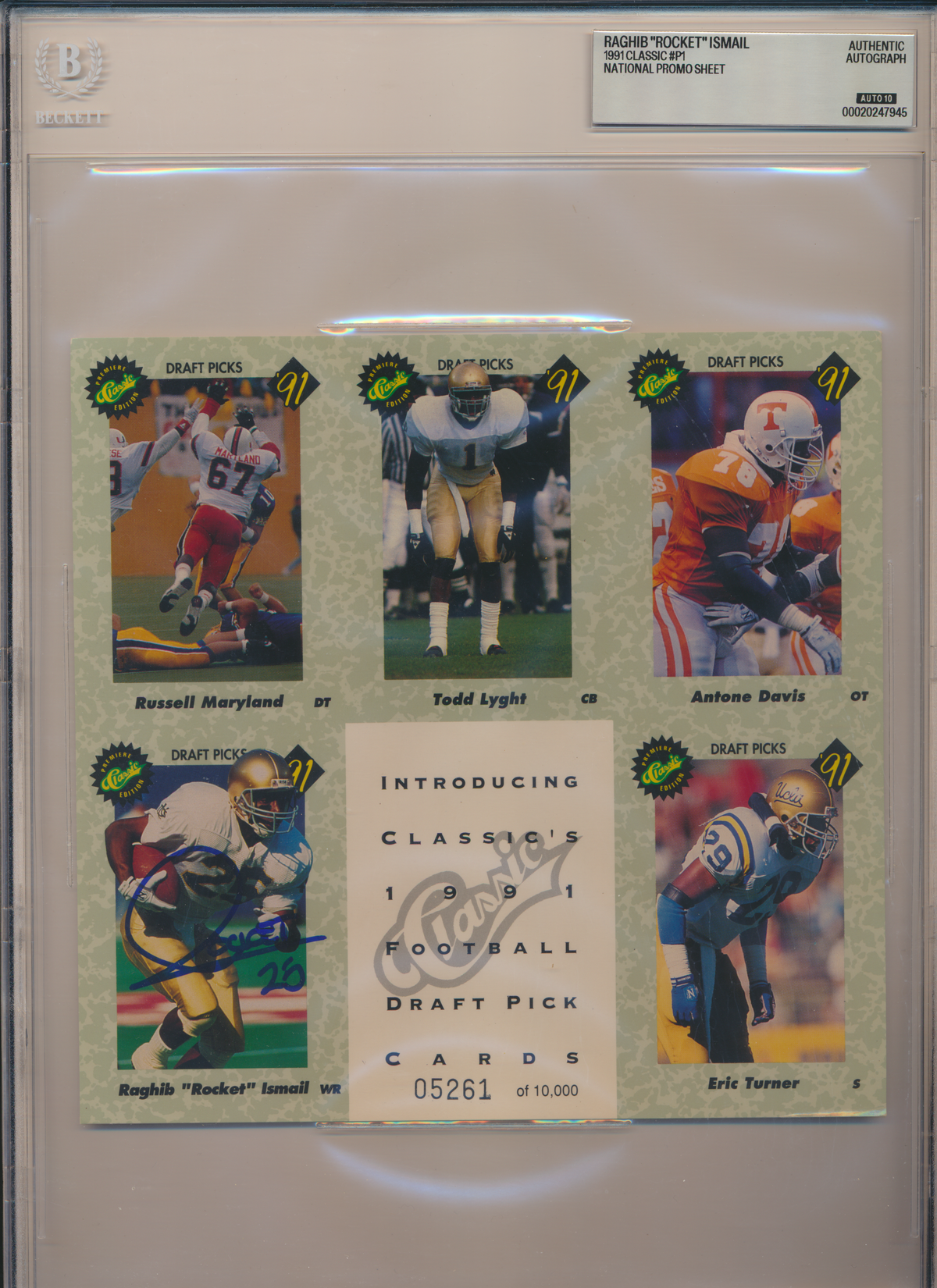 ROCKET ISMAIL ND Irish SIGNED 1991 Classic #P1 NATIONAL SHEET BGS BAS SLAB AUTO 10