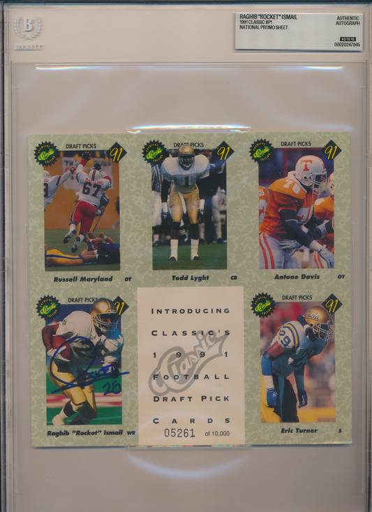 ROCKET ISMAIL ND Irish SIGNED 1991 Classic #P1 NATIONAL SHEET BGS BAS SLAB AUTO 10
