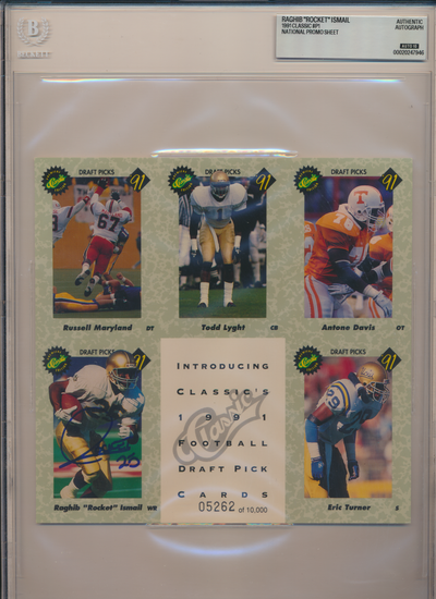 ROCKET ISMAIL ND Irish SIGNED 1991 Classic #P1 NATIONAL SHEET BGS BAS SLAB AUTO 10